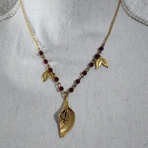 David Aubrey Calla Lily Leaf Necklace Women Gold Tone Red Bead Botanical Pendant
